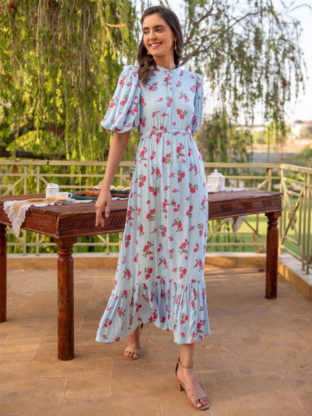 

B'Infinite Floral Print Flared Sleeves Maxi Dress, Blue