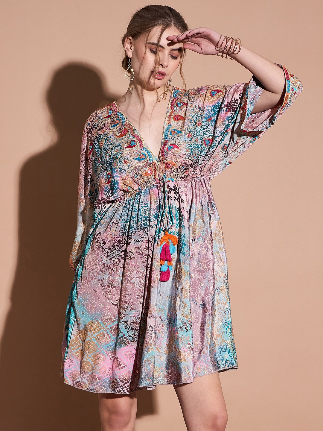 

DressBerry Ethnic Motif Printed V-Neck Flared Sleeve Crepe Fit & Flare Dress, Pink