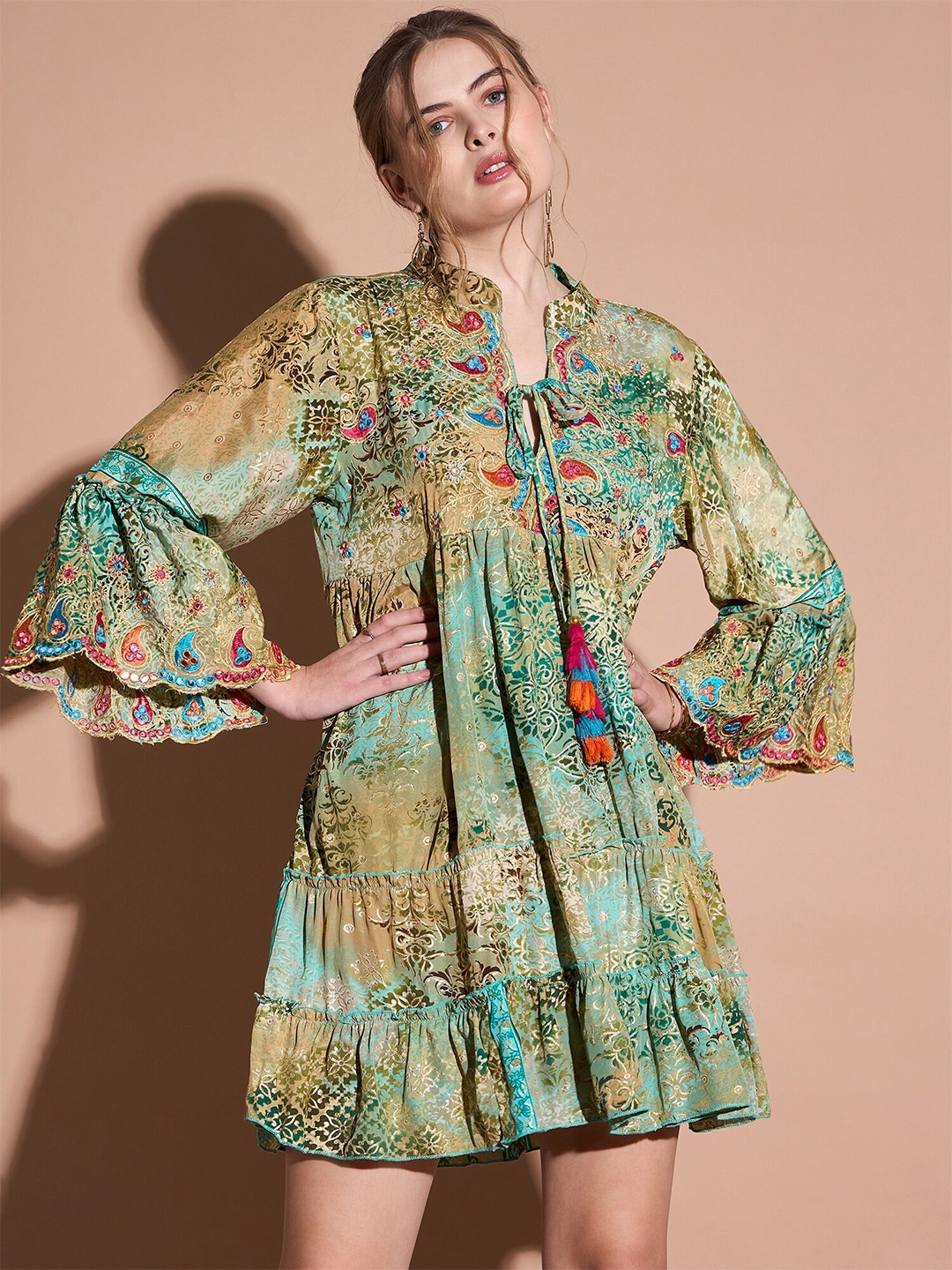 

DressBerry Floral Print Mandarin Collar Bell Sleeve Crepe A-Line Dress, Green