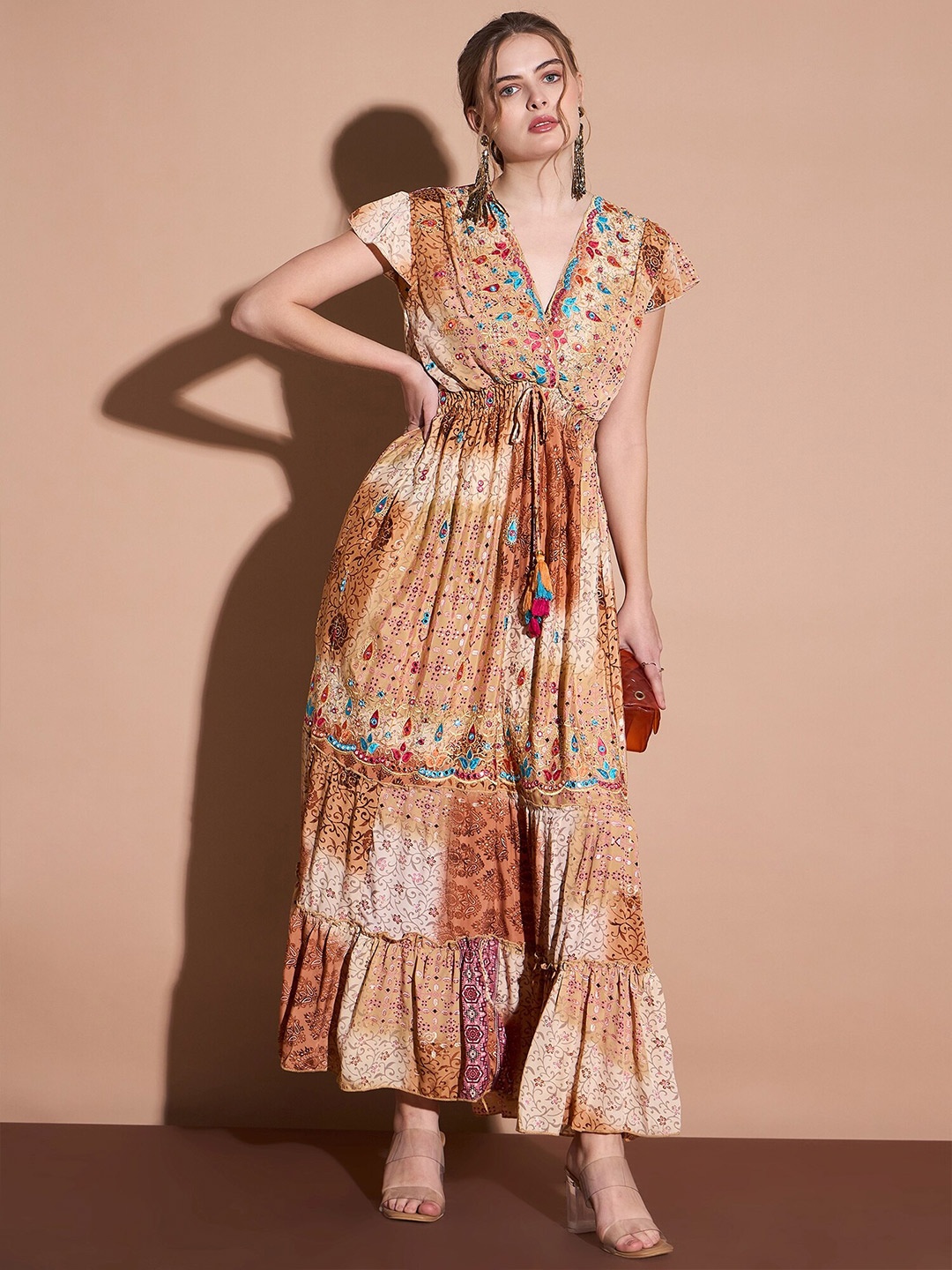 

DressBerry Ethnic Motifs Print V-Neck Short Crepe Tiered Maxi Dress, Brown