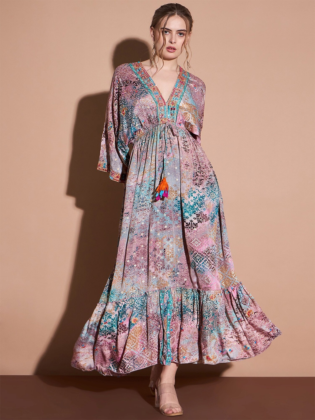 

DressBerry Floral Print V-Neck Three-Quarter Short Flared Sleeves Crepe Maxi Dress, Pink