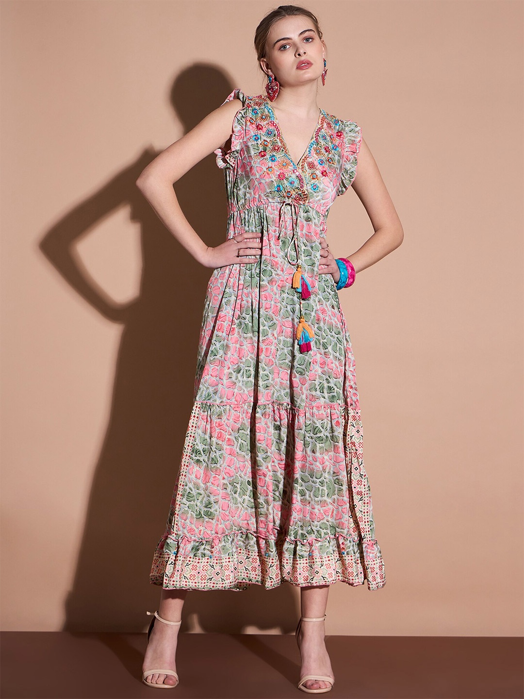 

DressBerry Abstract Printed Flutter Sleeves Crepe Maxi Dress, Pink
