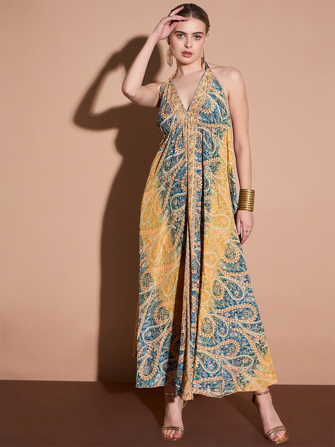 

DressBerry Ethnic Motifs Print Tie-Up Neck Maxi Dress, Yellow