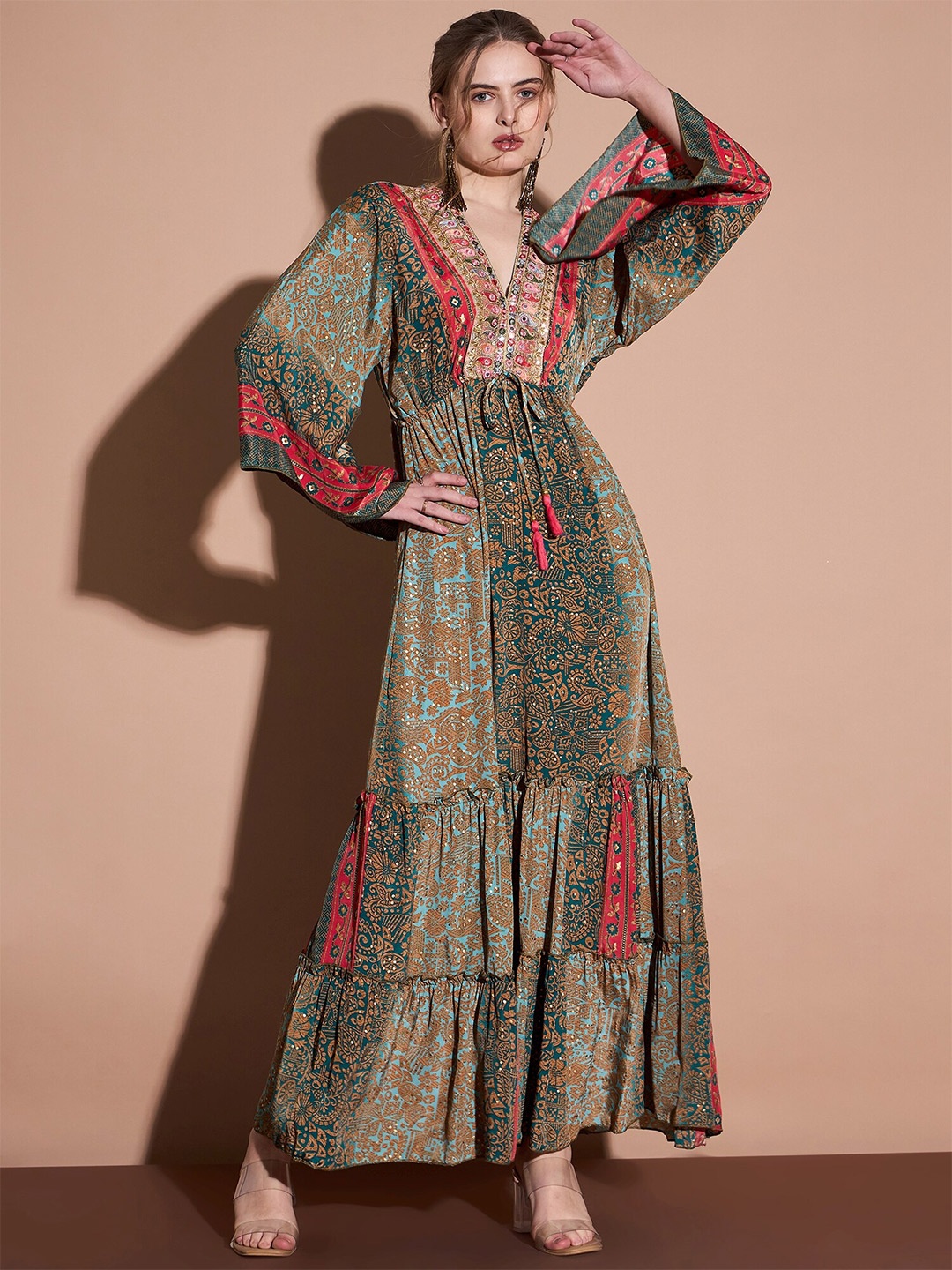 

DressBerry Floral Print V-Neck Long Puff Sleeve Crepe Maxi Dress, Green