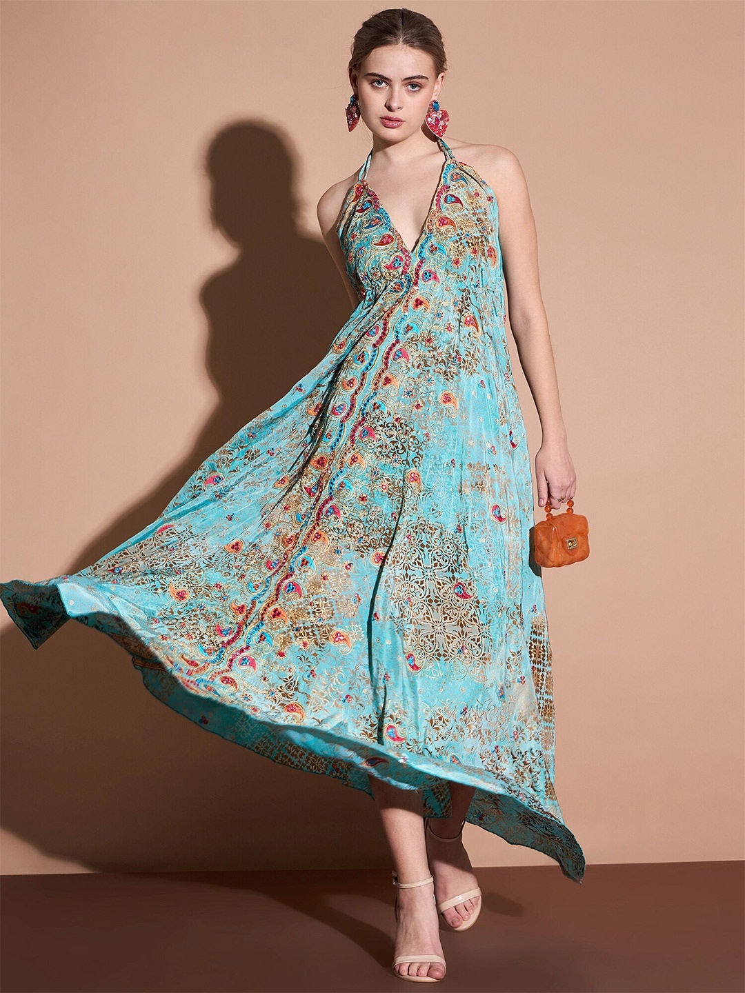 

DressBerry Ethnic Motif Printed Tie-Up Neck Crepe Maxi Dress, Grey