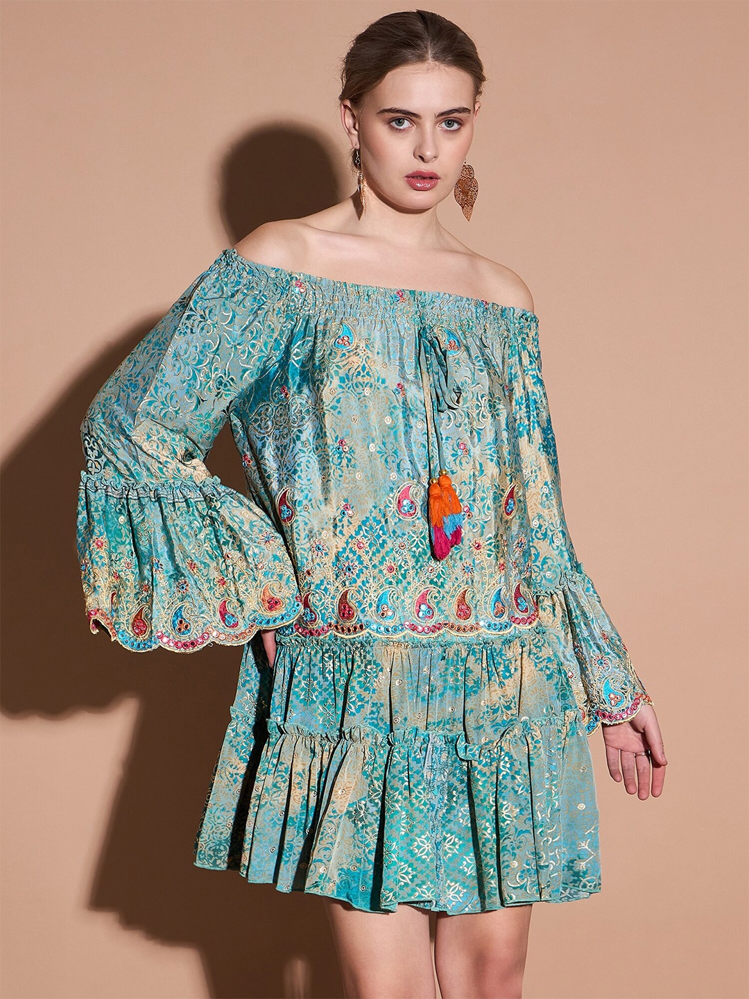 

DressBerry Ethnic Motif Printed Off-Shoulder Bell Sleeve Crepe Tiered A-Line Dress, Green