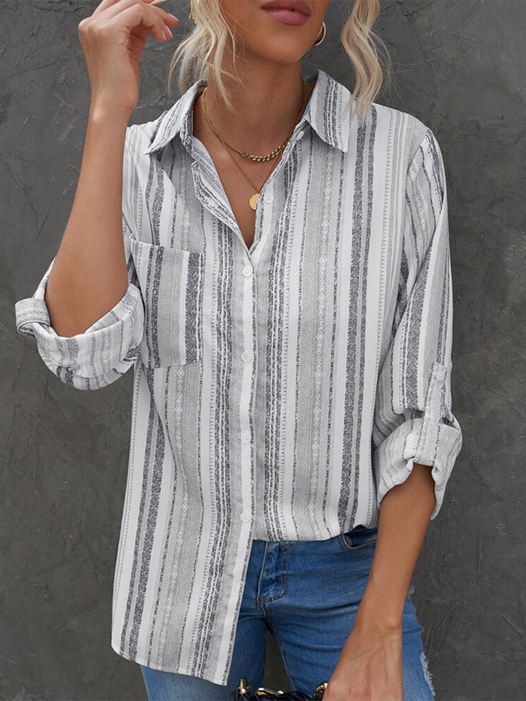 

StyleCast Striped Spread Collar Long Sleeves Casual Shirt, Grey
