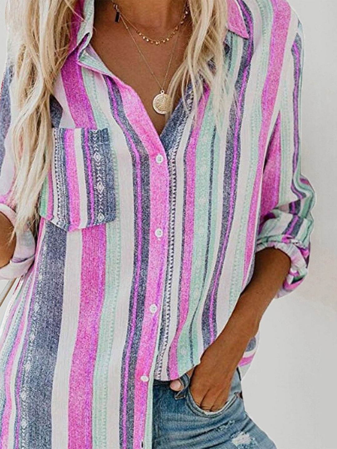 

StyleCast Striped Spread Collar Long Sleeves Cotton Shirt, Pink