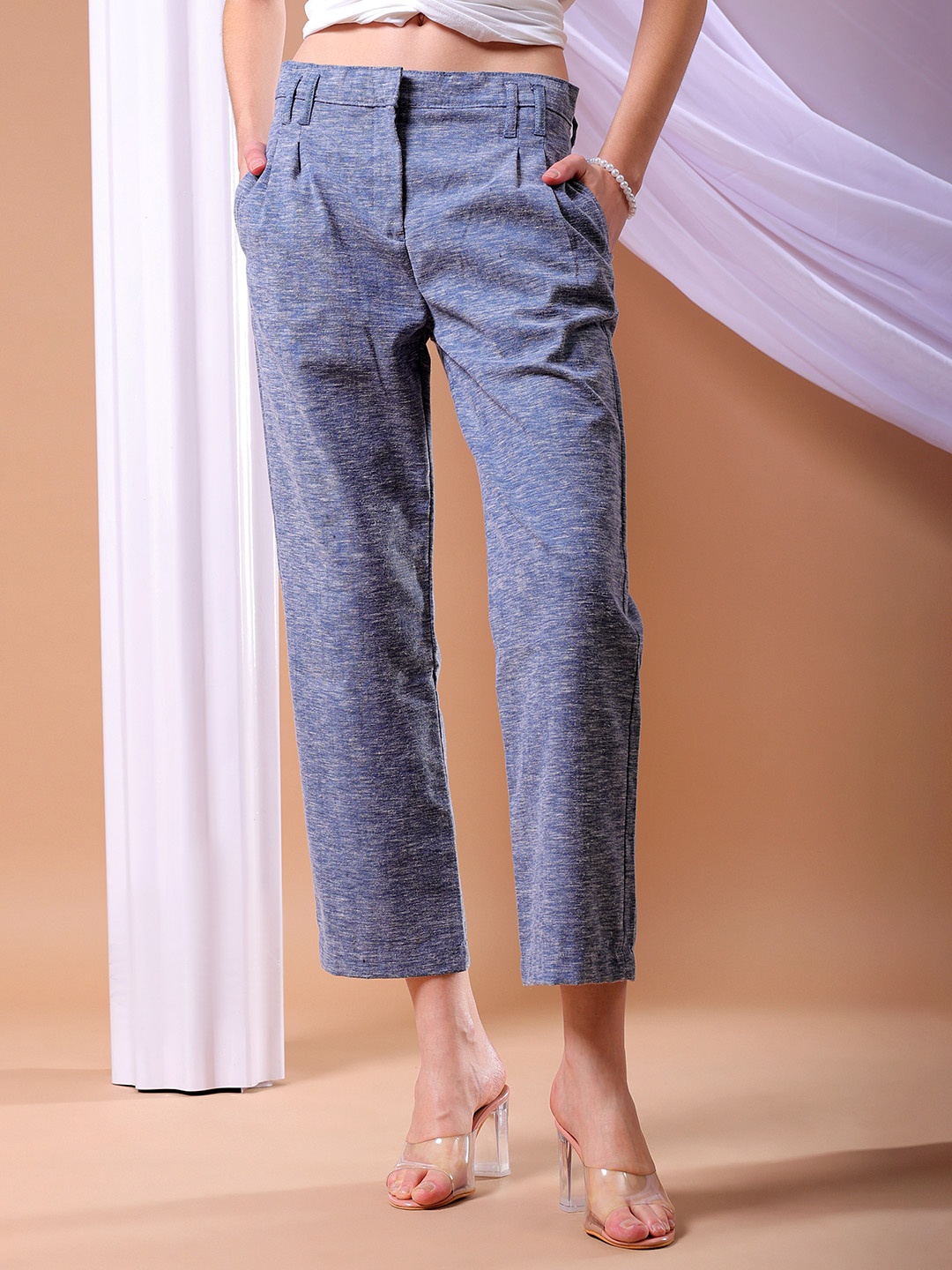 

Freehand by The Indian Garage Co Women Straight Fit Cropped Regular Trousers, Blue