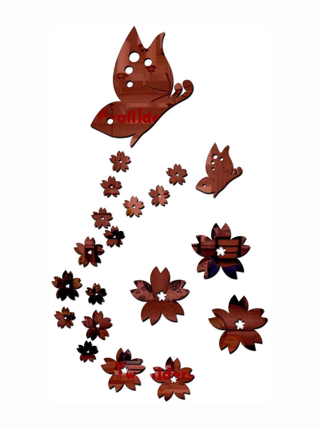 

Wall1ders Brown 22 Pieces Butterfly & Flower 3D Mirror Wall Stickers