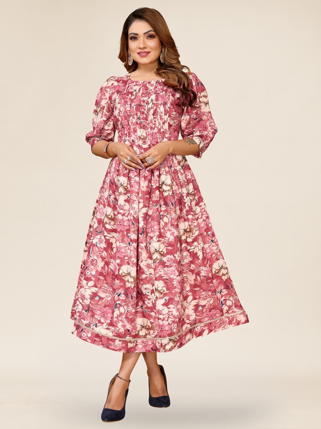 

TITANIUM SILK INDUSTRIES PVT. LTD. Floral Print A-Line Maxi Dress, Pink