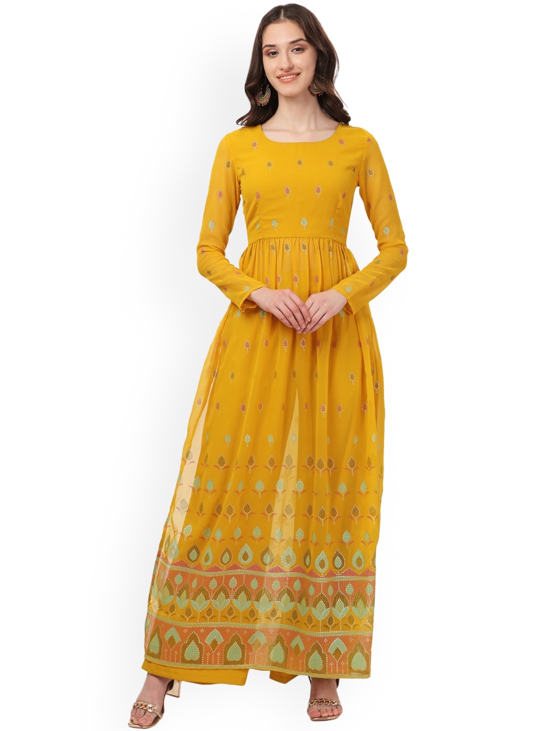 

FAB GALAXY Ethnic Motifs Printed Round Neck Georgette Kurta with Palazzos, Yellow