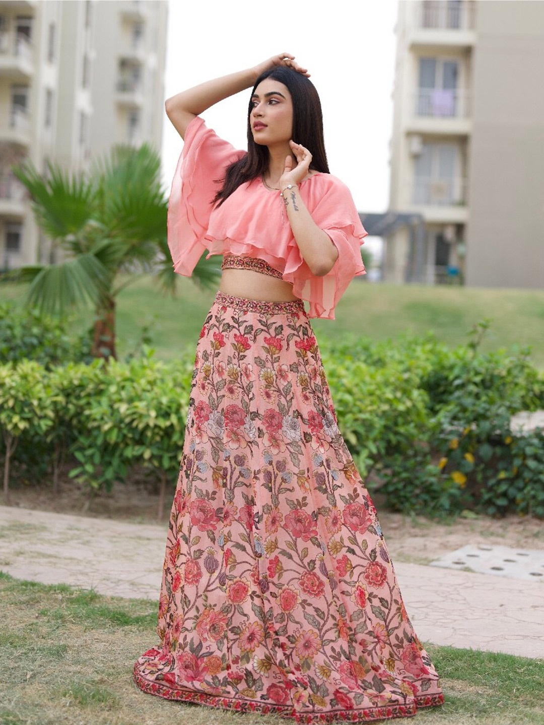 

ALIYANA Floral Printed Flared Sleeves Ready To Wear Lehenga Choli, Peach