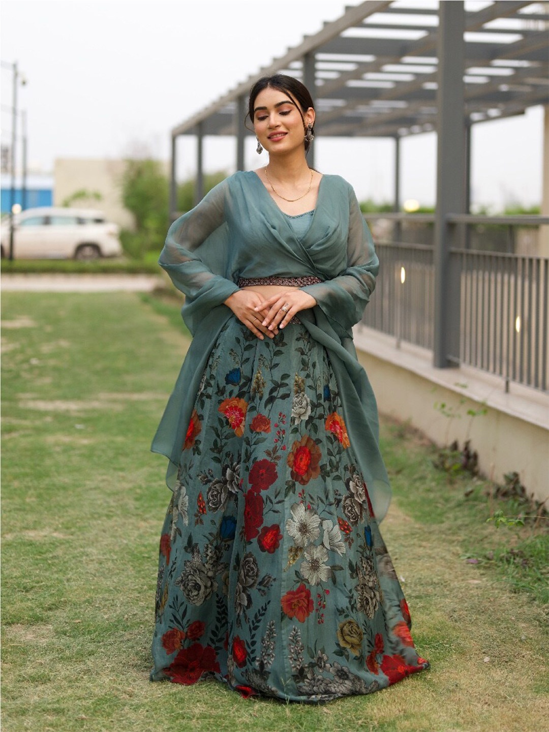 

ALIYANA Floral Printed Ready to Wear Lehenga With Blouse, Grey