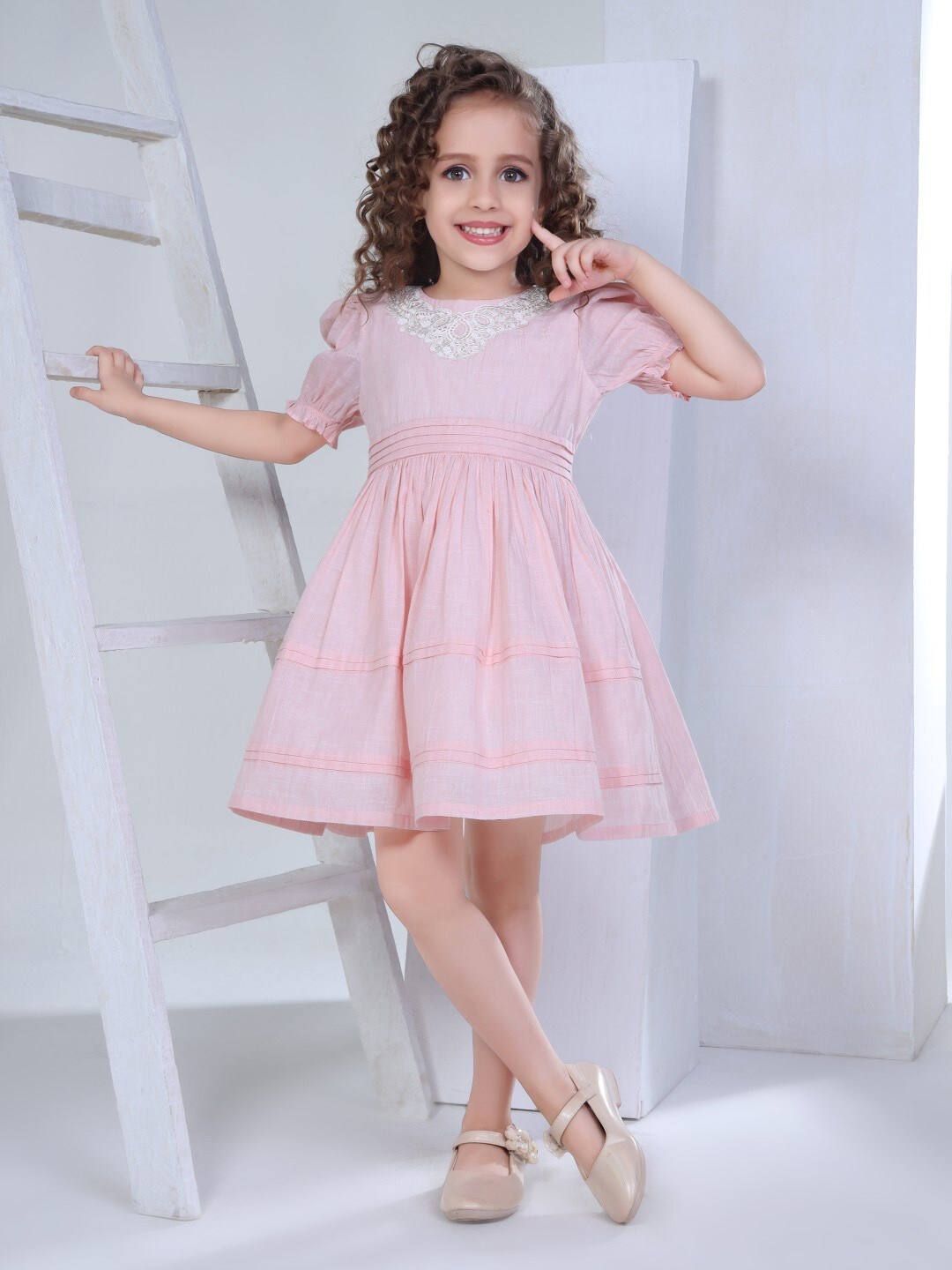 

Peppermint Girls Embroidered Cotton Knee Length Flared Fit & Flare Dress, Peach