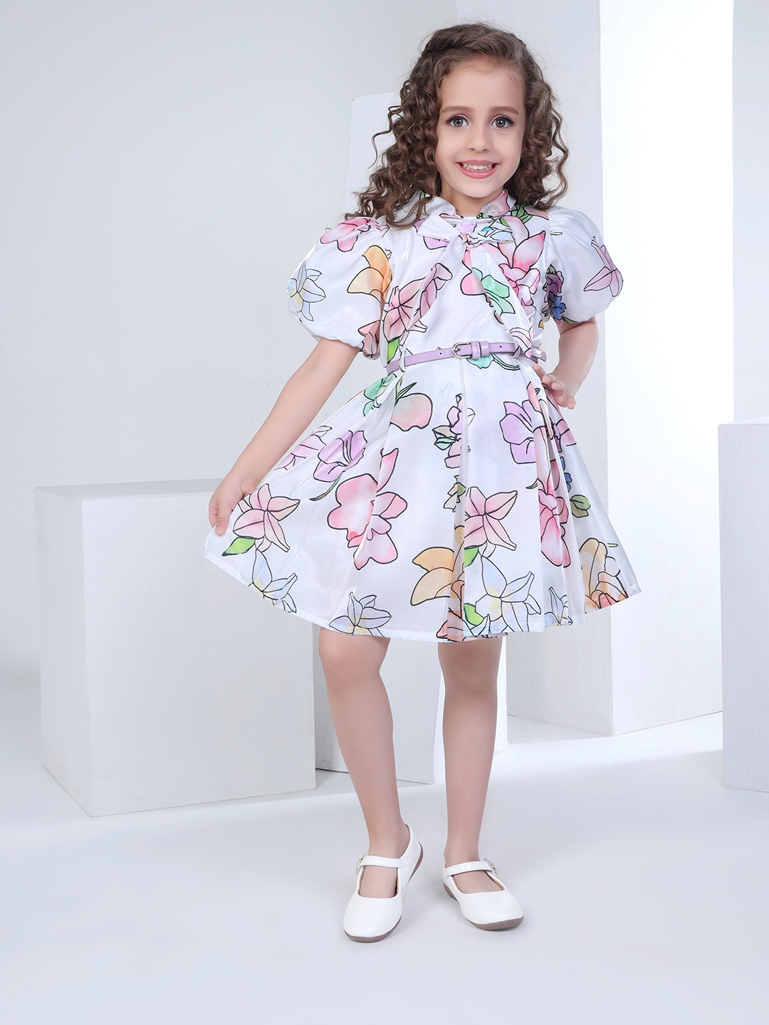 

Peppermint Girls Floral Printed Above Knee Fit & Flare Dress, White