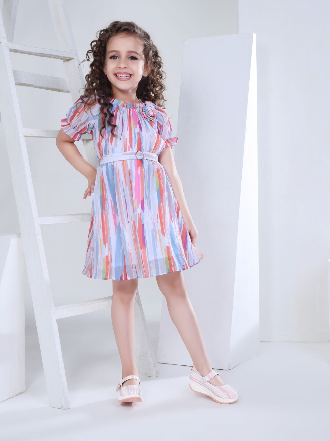 

Peppermint Girls Striped Puff Sleeves Fit & Flare Dress, Blue