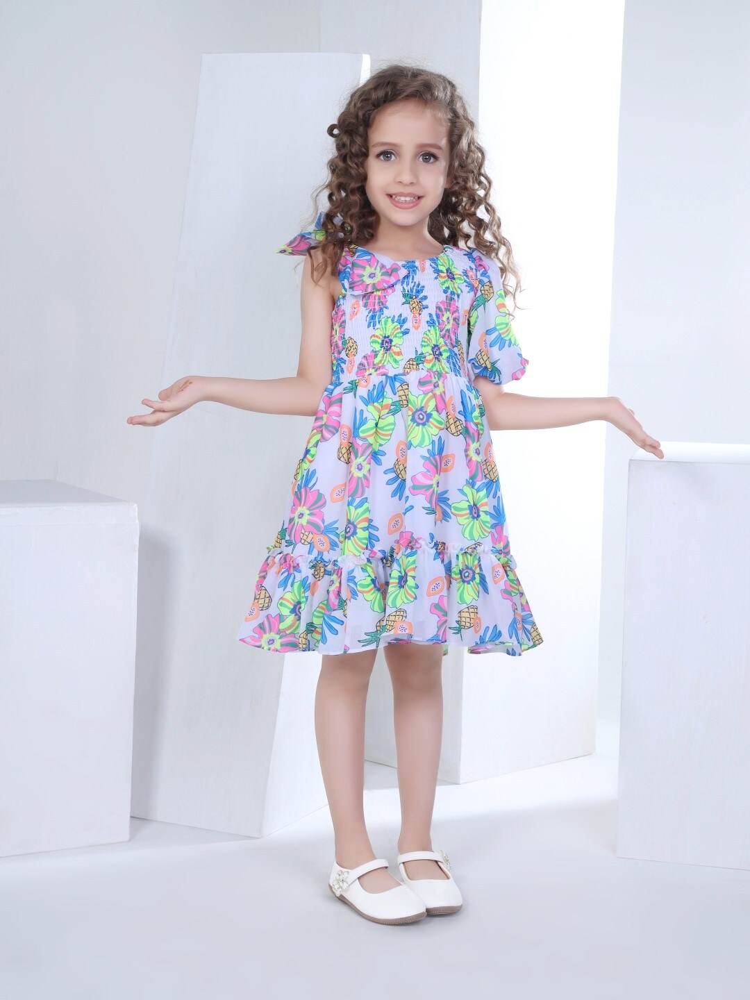 

Peppermint -Girls Floral Printed Flutter Sleeve Chiffon Fit & Flare Dress, White