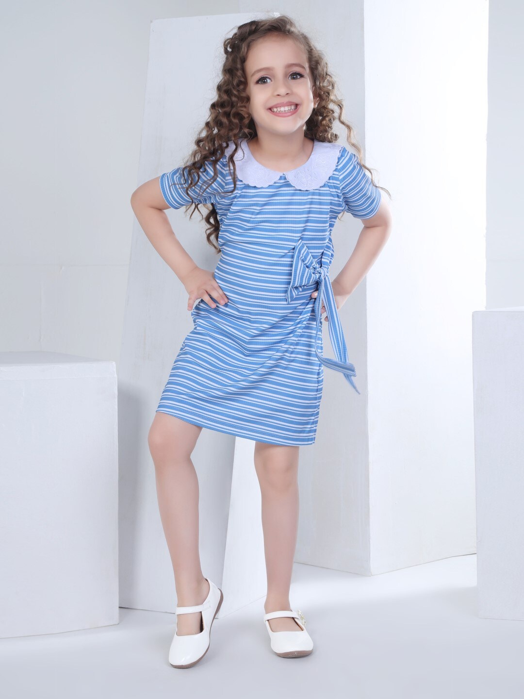 

Peppermint Striped Peter Pan Collar Short Puff Sleeves T-shirt Dress, Blue