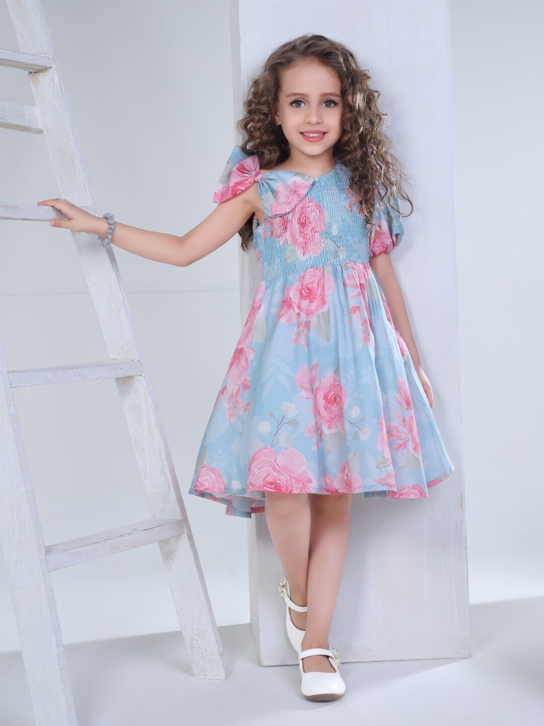 

Peppermint Girls Floral Printed Smocked Fit & Flare Dress, Blue