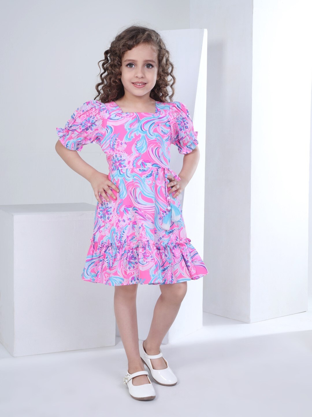 

Peppermint Floral Printed Puff Sleeve Flounce Fit & Flare Midi Dress, Pink