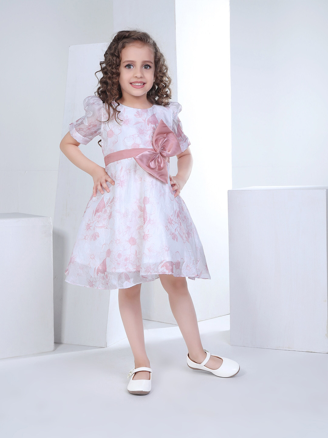 

Peppermint Girls Floral Printed Puff Sleeve Jacquard Fit & Flare Dress, White