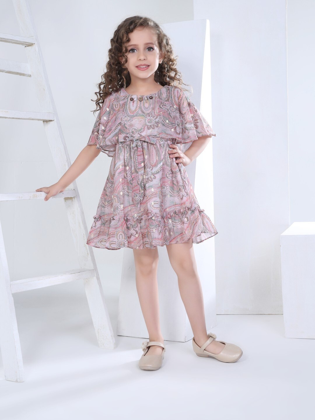 

Peppermint Girls Floral Print Round Neck Flared Sleeve Fit & Flare Dress, Brown