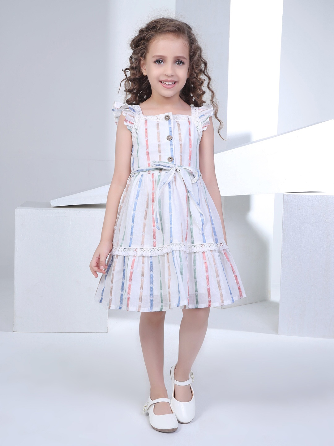 

Peppermint Girls Striped Cotton Flared Knee Length Fit & Flare Dress, White