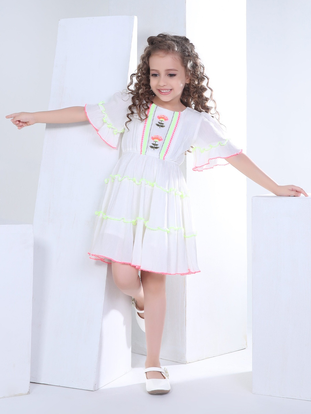 

Peppermint Girls Flared Sleeve Lace A-Line Dress, White