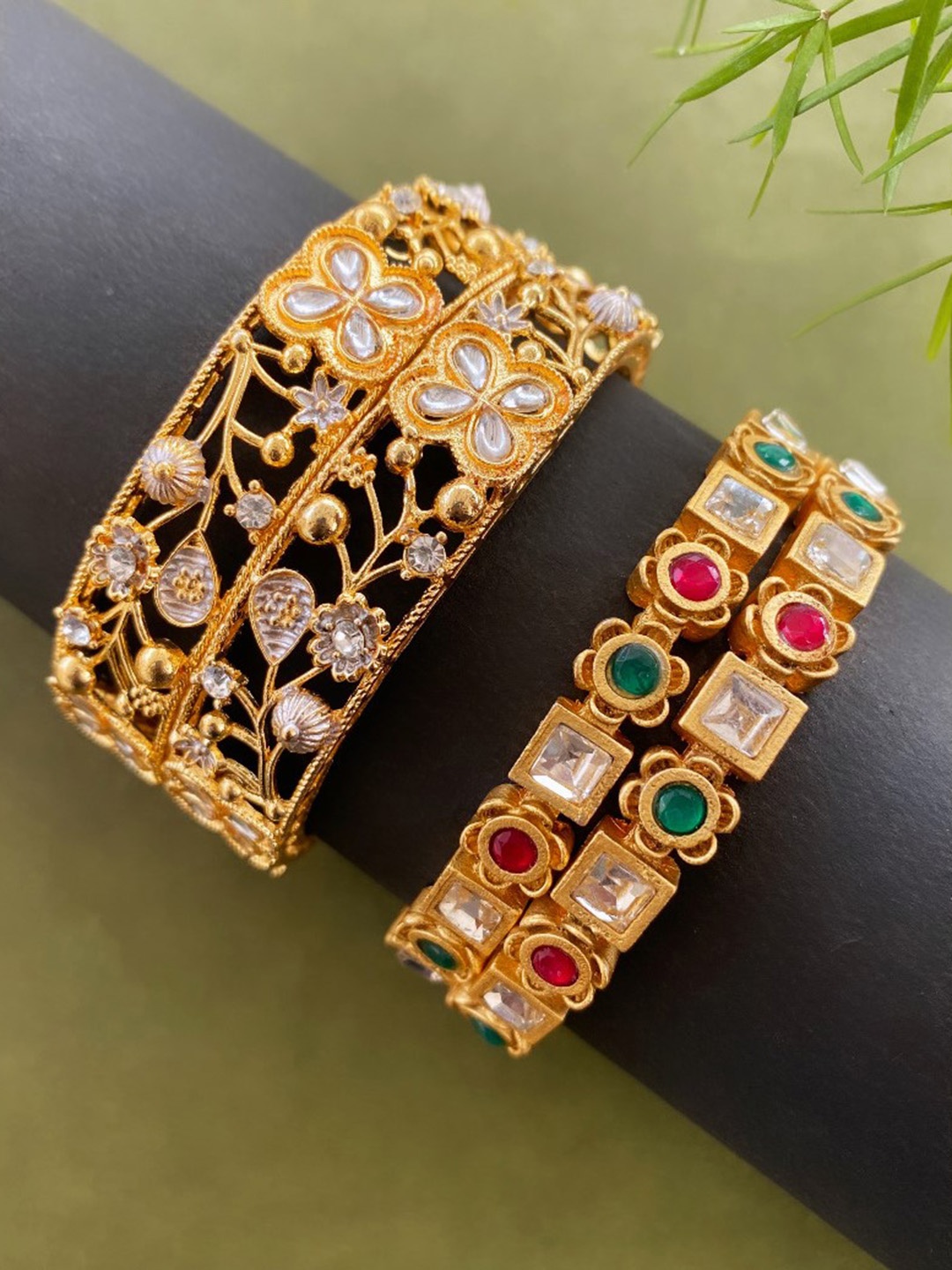 

ATIBELLE Set Of 4 Gold-Plated Kundan-Studded Bangles