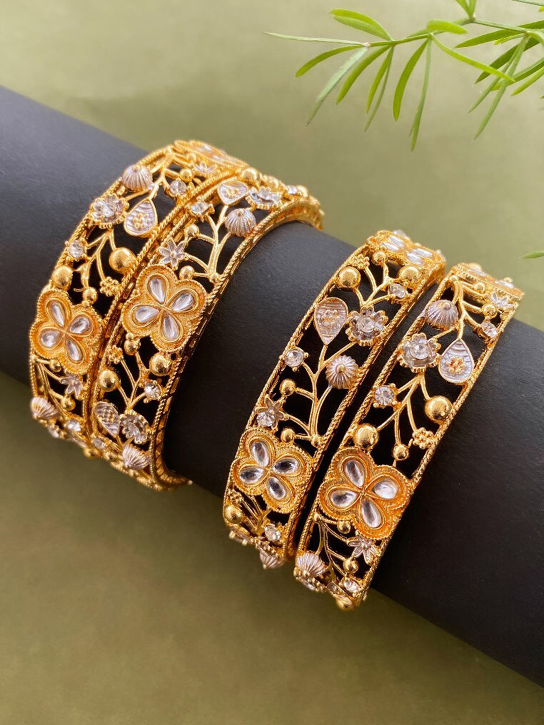 

ATIBELLE Set Of 4 Gold-Plated Kundan-Studded Bangles