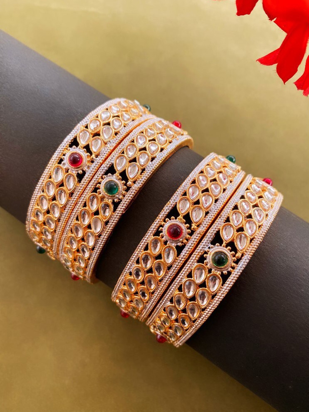 

ATIBELLE Set Of 4 Gold-Plated Kundan stone Studded Bangles