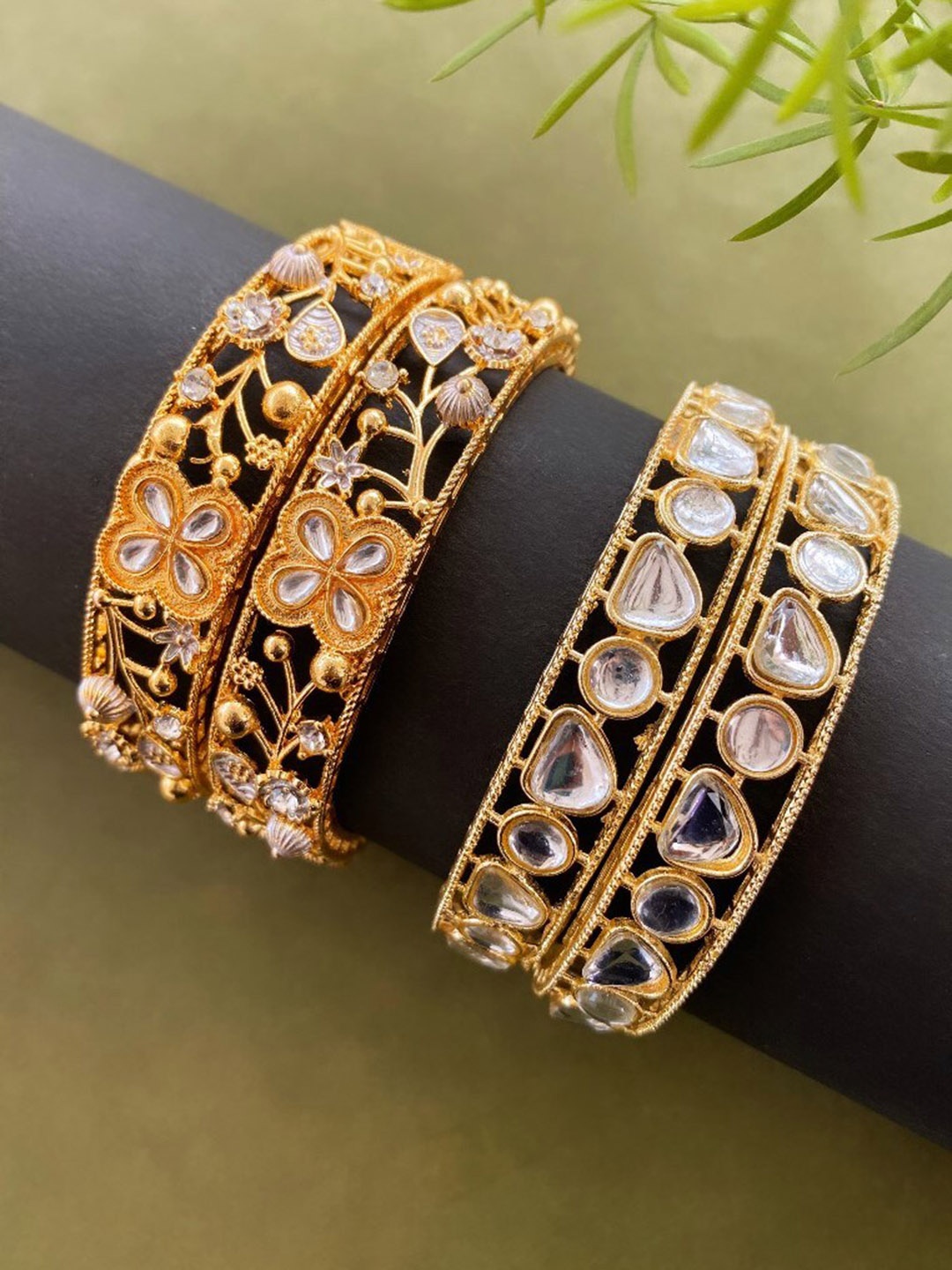 

ATIBELLE Set Of 4 Gold-Plated Kundan Studded Bangles
