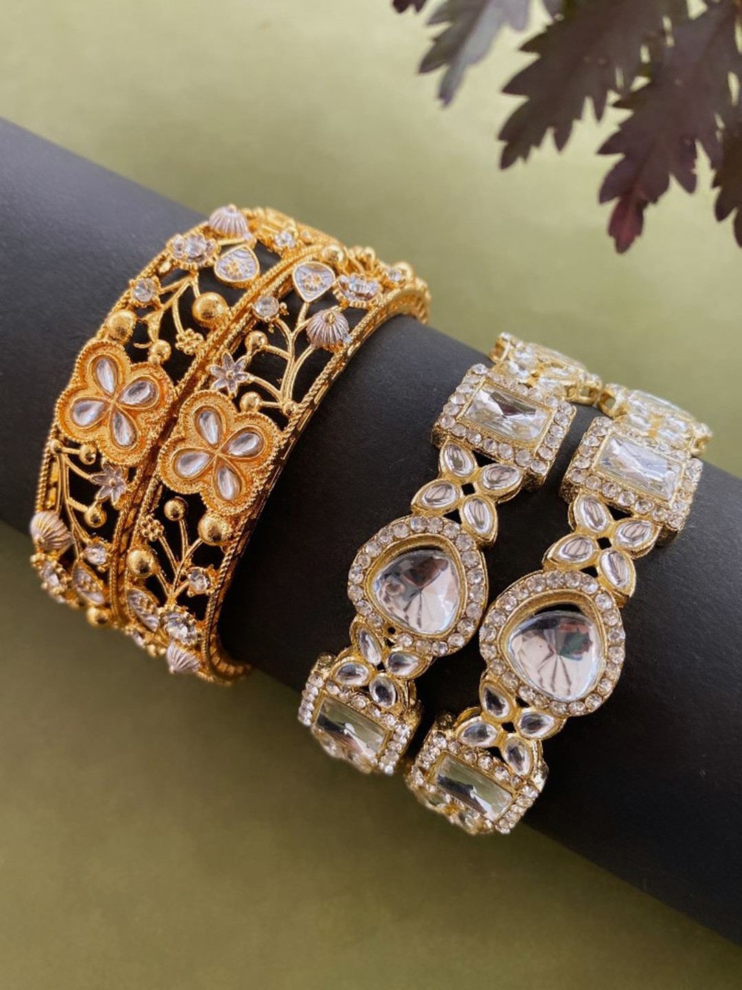 

ATIBELLE Set of 4 Gold Plated Kundan Stone Studded Bangles