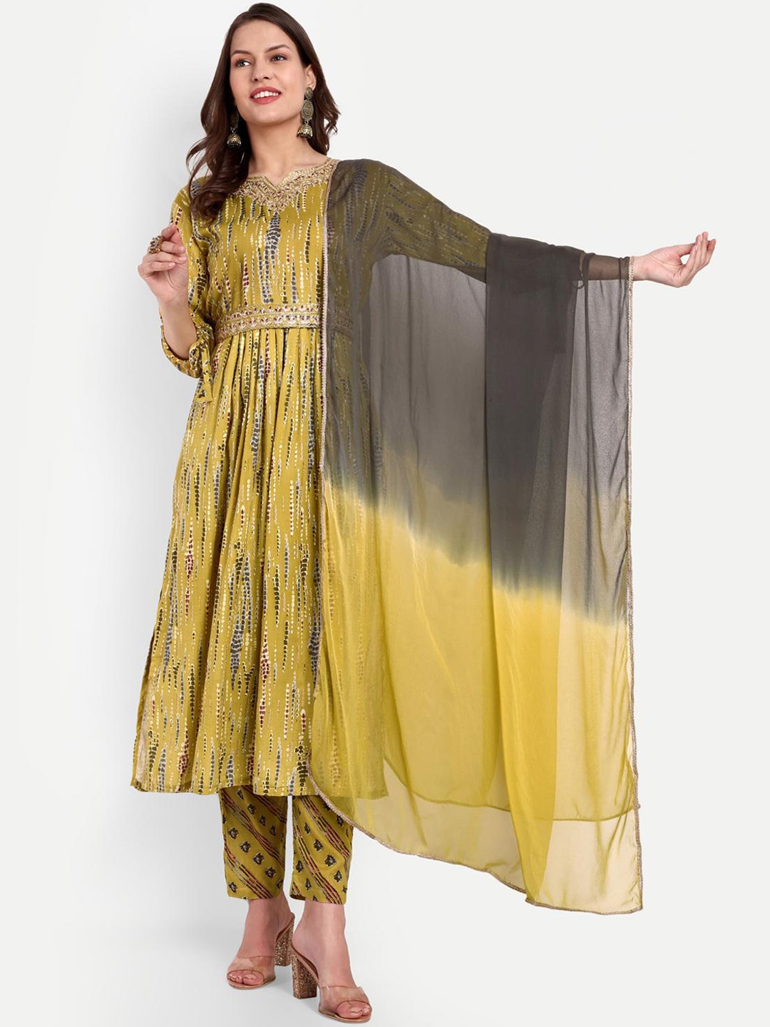 

GLITO Abstract Printed Pure Cotton Kurta With Trousers & Dupatta, Mustard