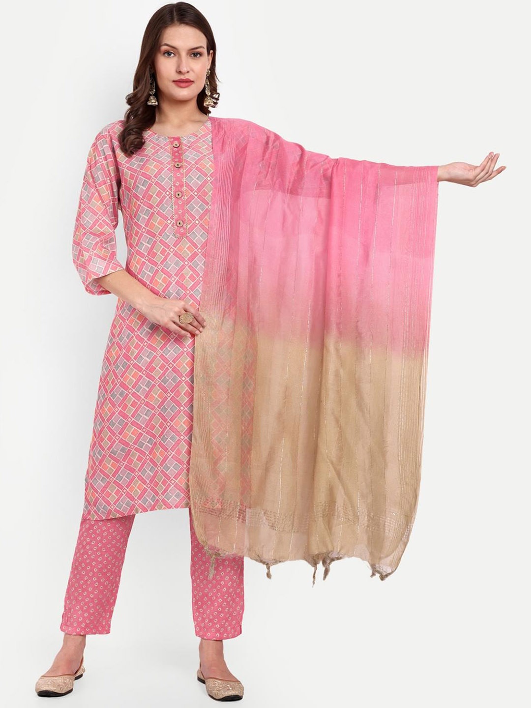 

GLITO Geometric Printed Gotta Patti Pure Cotton Kurta With Trouser & Dupatta, Pink