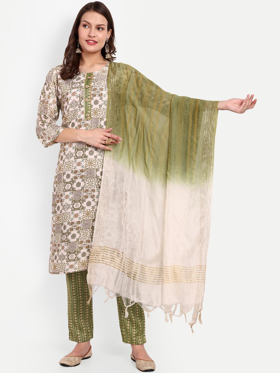 

GLITO Ethnic Motifs Printed Gotta Patti Straight Pure Cotton Kurta With Trousers & Dupatta, Green