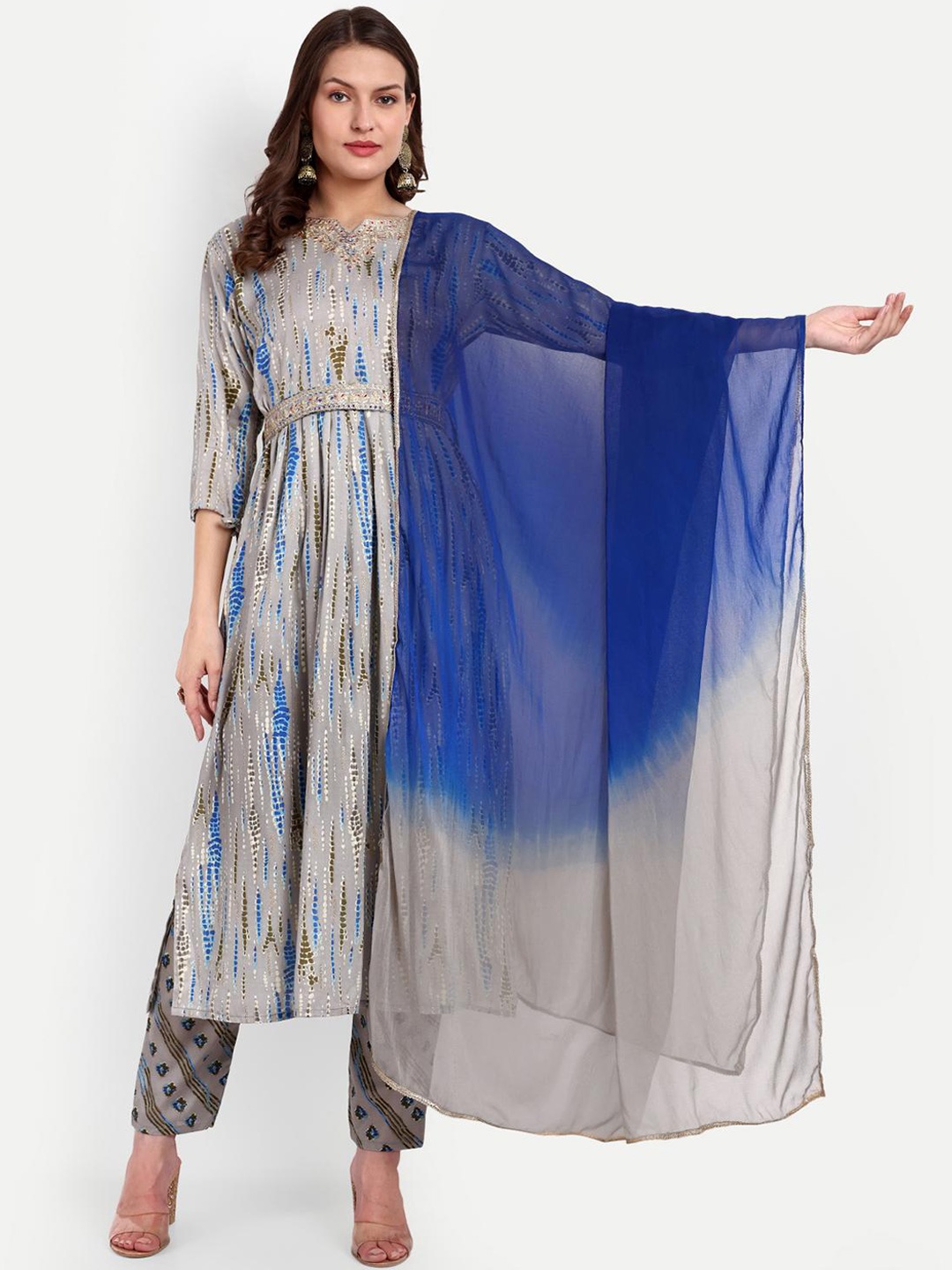 

GLITO Abstract Printed Pure Cotton Kurta With Trouser & Dupatta, Grey