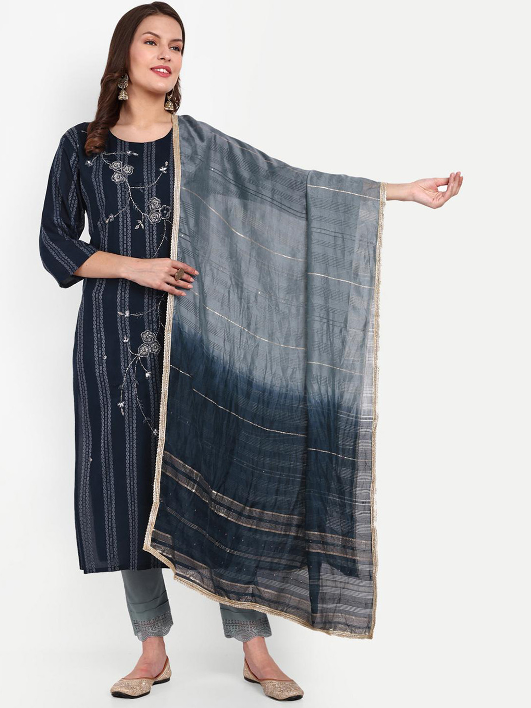 

GLITO Geometric Woven Design Beads & Stones Kurta With Trousers & Dupatta, Navy blue