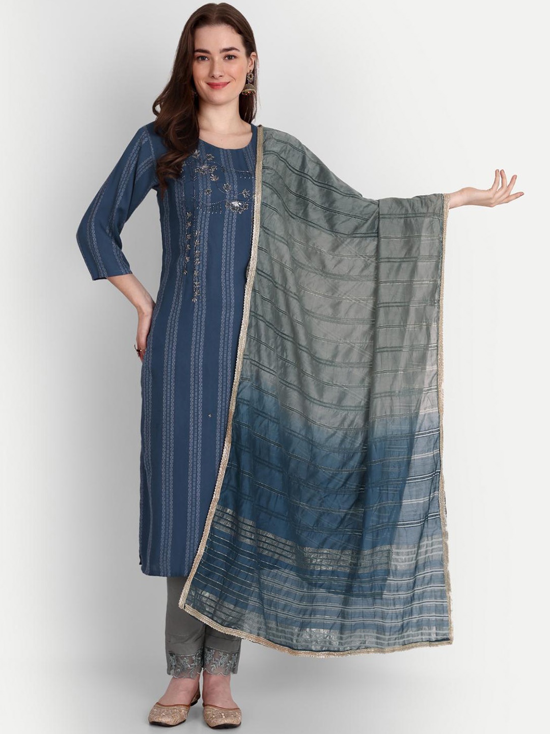 

GLITO Geometric Woven Design Beads & Stones Kurta With Trousers & Dupatta, Blue