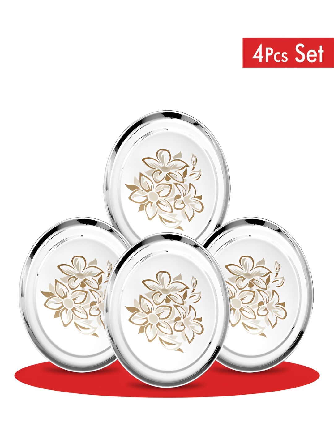 

Classic Essentials Silver-Toned 4 Pieces Floral Printed Stainless Steel Glossy Plates