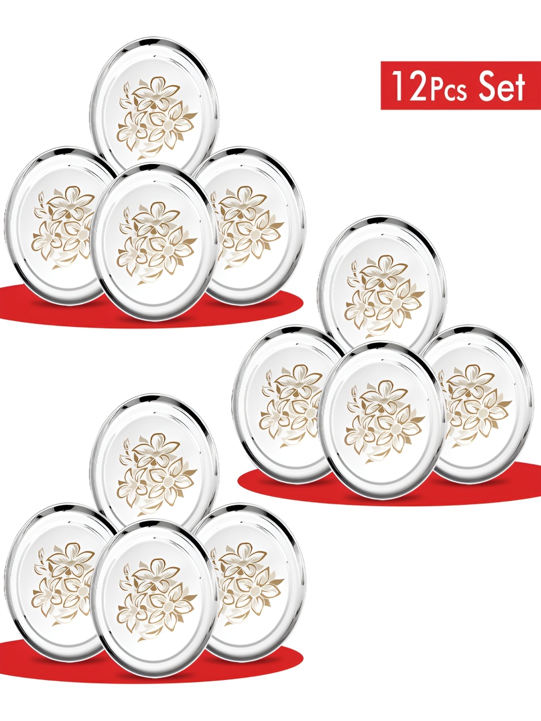 

Classic Essentials Silver-Toned & Brown 12 Pieces Stainless Steel Glossy Plates