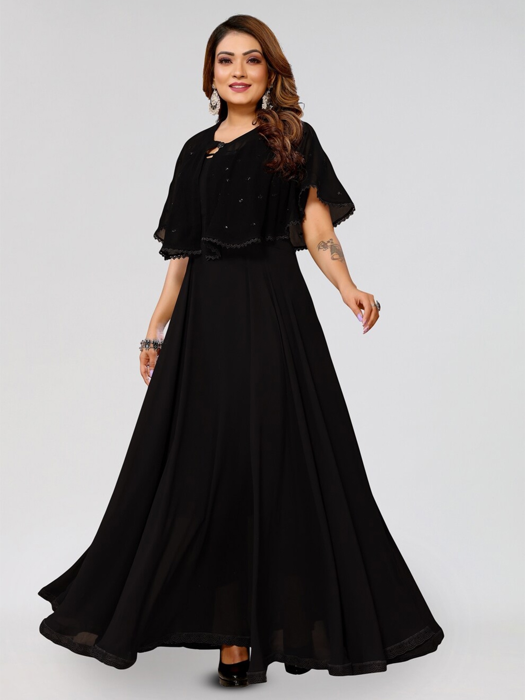 

PYARI - A style for every story Cape Sleeve Georgette Maxi Dress, Black