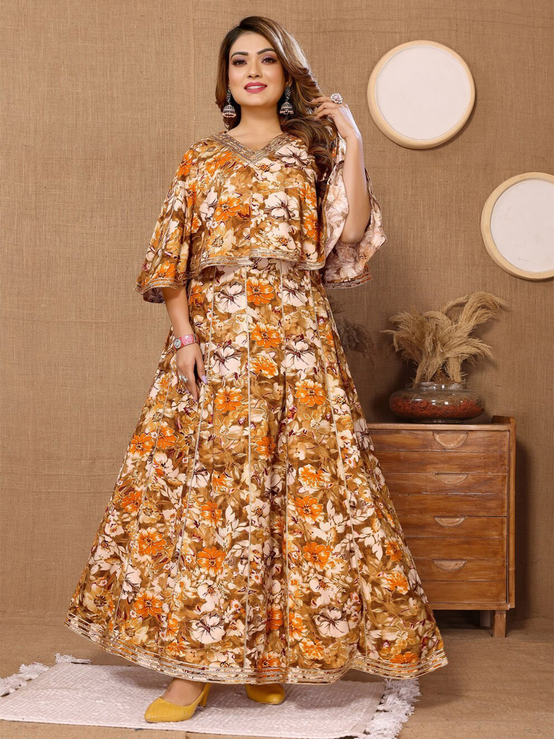 

Titanium Silk Industries Floral Printed V-Neck Maxi Dress With Cape, Yellow