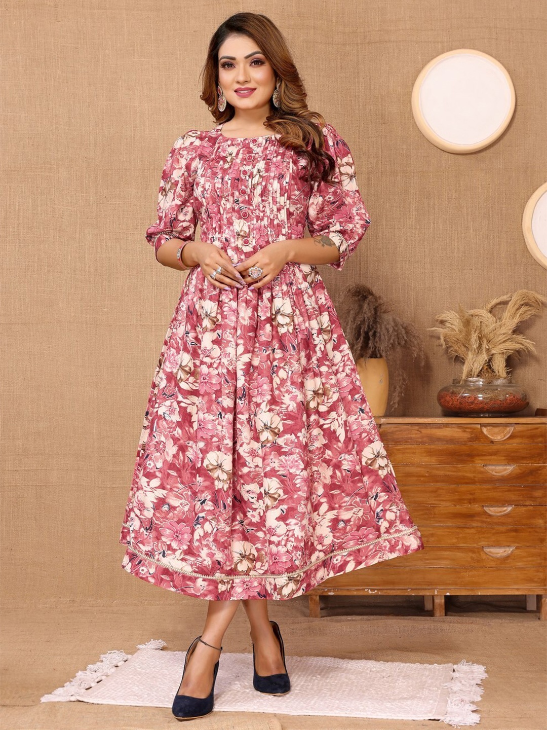 

Titanium Silk Industries Floral Printed Puffed Sleeves Fit and Flare Midi Dress, Pink