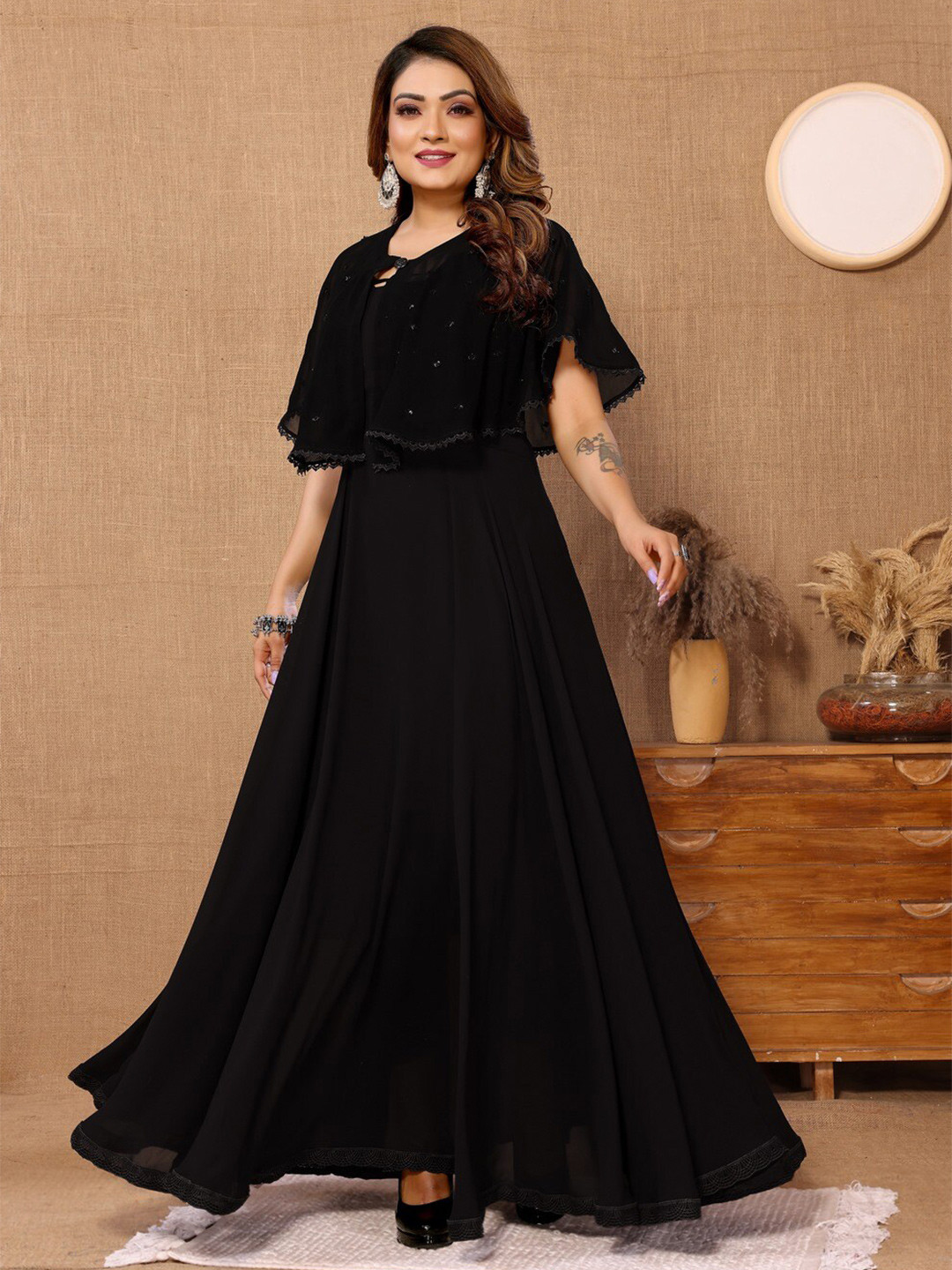 

Titanium Silk Industries Round Neck Georgette Maxi Dress With Koti, Black