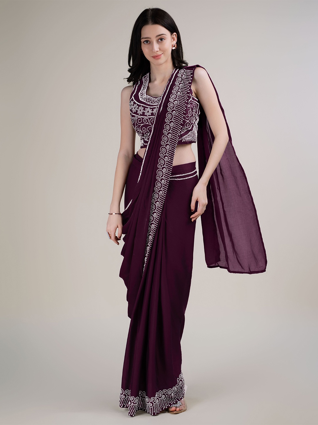 

AMOHA TRENDZ Beads and Stones Satin Ready to Wear Saree, Purple