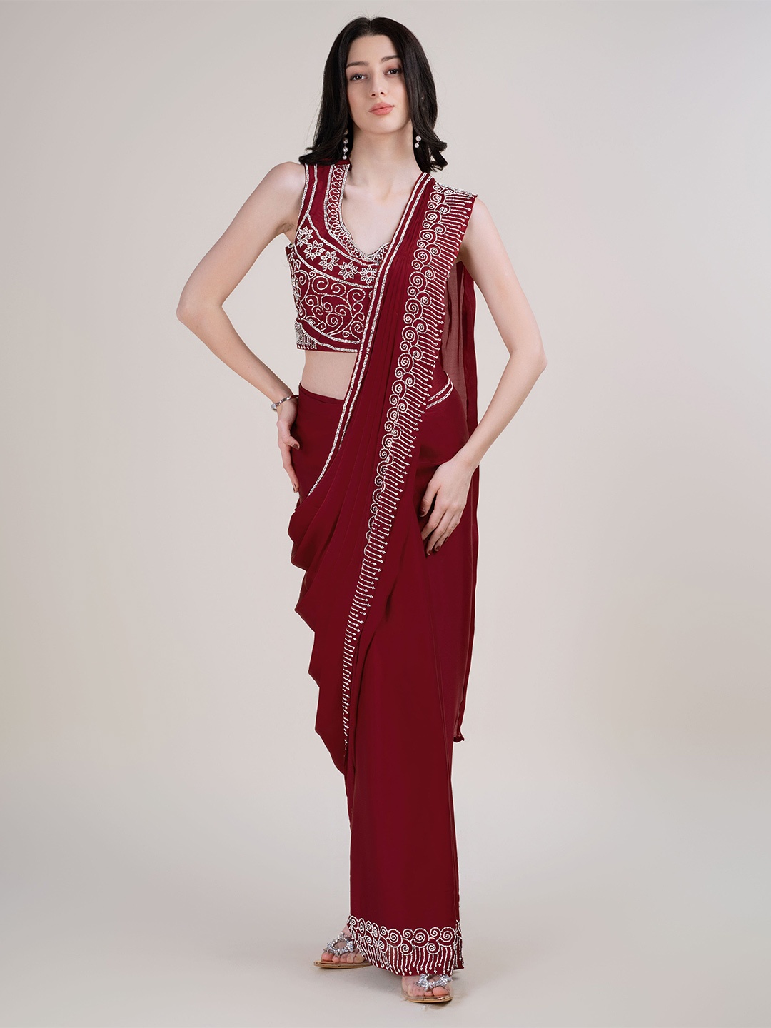 

AMOHA TRENDZ Beads and Stones Satin Ready to Wear Saree, Maroon