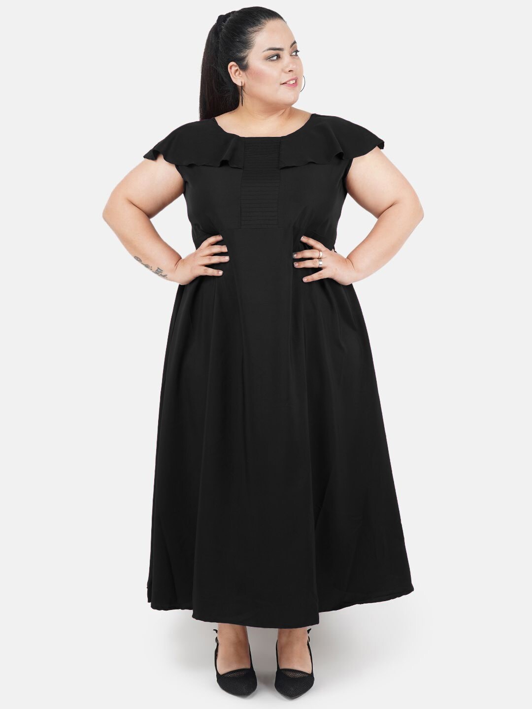

Indietoga Plus Size Solid Cape Pintuck Fit & Flare Long Maxi Dress, Black