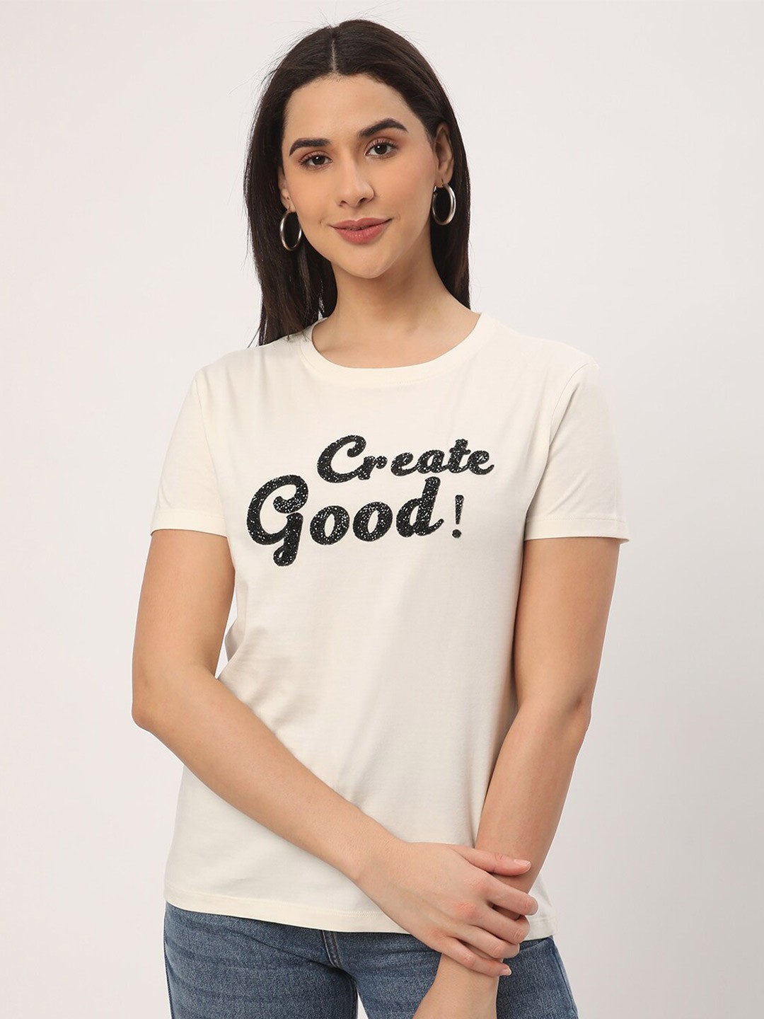 

R&B Typography Printed Cotton Casual T-shirt, White